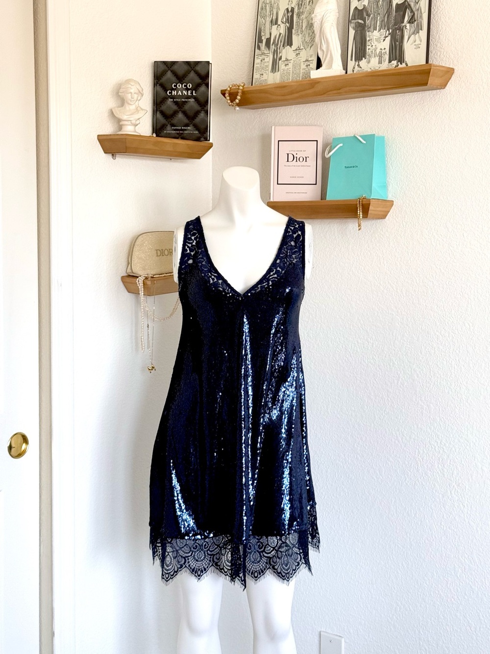 EUC Free People intimately Navy Sequin Lace Slip Dress Size S